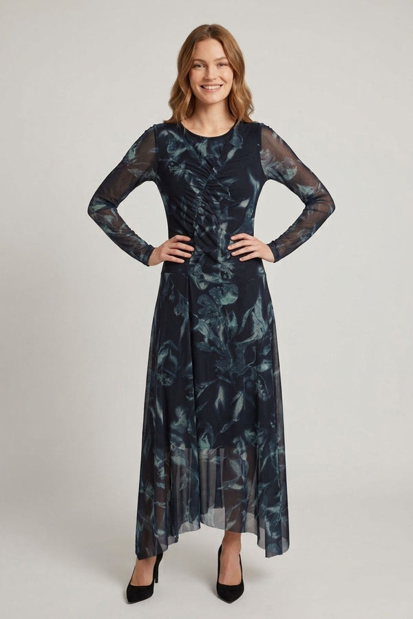 Navy | Floral Semi Sheer Hanky Hem Midi Dress : Model is 5'6"/167 cm and wears UK8/EU36/US4/AUS8