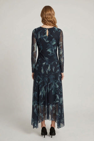 Navy | Floral Semi Sheer Hanky Hem Midi Dress