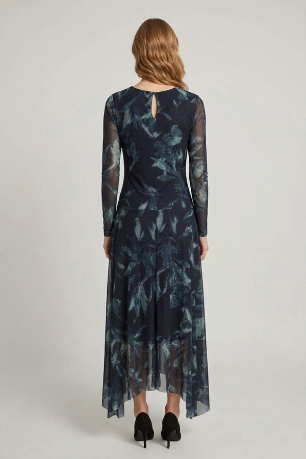 Navy | Floral Semi Sheer Hanky Hem Midi Dress