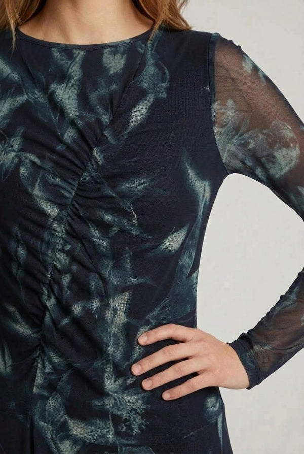 Navy | Floral Semi Sheer Hanky Hem Midi Dress