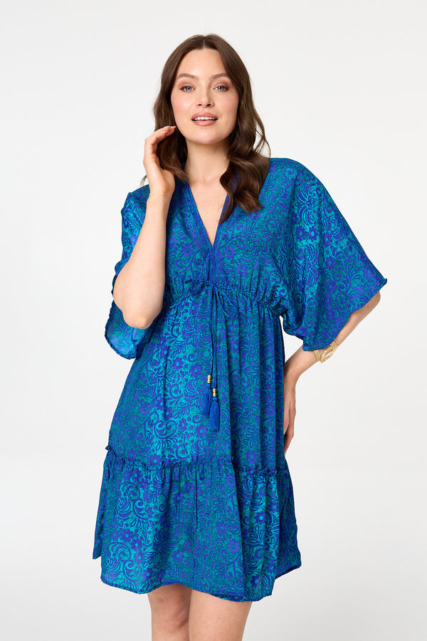 Blue | Paisley 3/4 Sleeve Relaxed Short Dress