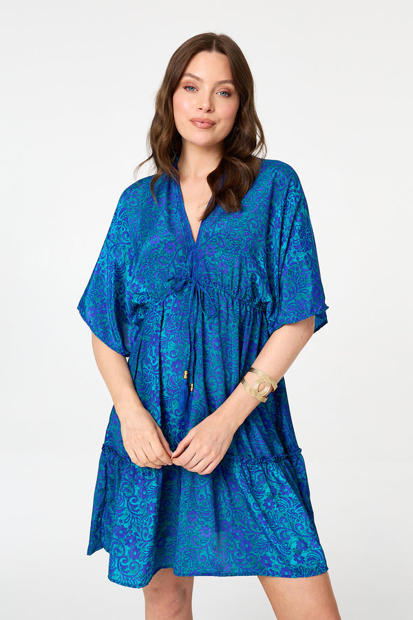 Blue | Paisley 3/4 Sleeve Relaxed Short Dress