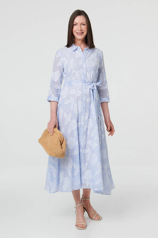 Blue | Floral Textured 3/4 Sleeve Midi Dress