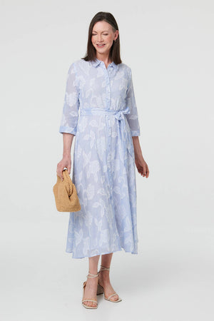 Blue | Floral Textured 3/4 Sleeve Midi Dress