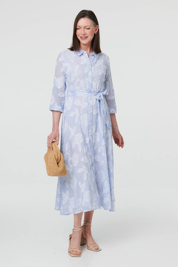 Blue | Floral Textured 3/4 Sleeve Midi Dress