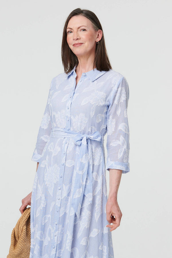 Blue | Floral Textured 3/4 Sleeve Midi Dress
