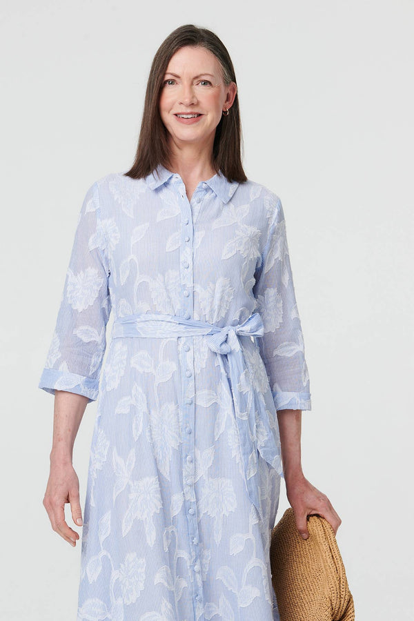Blue | Floral Textured 3/4 Sleeve Midi Dress