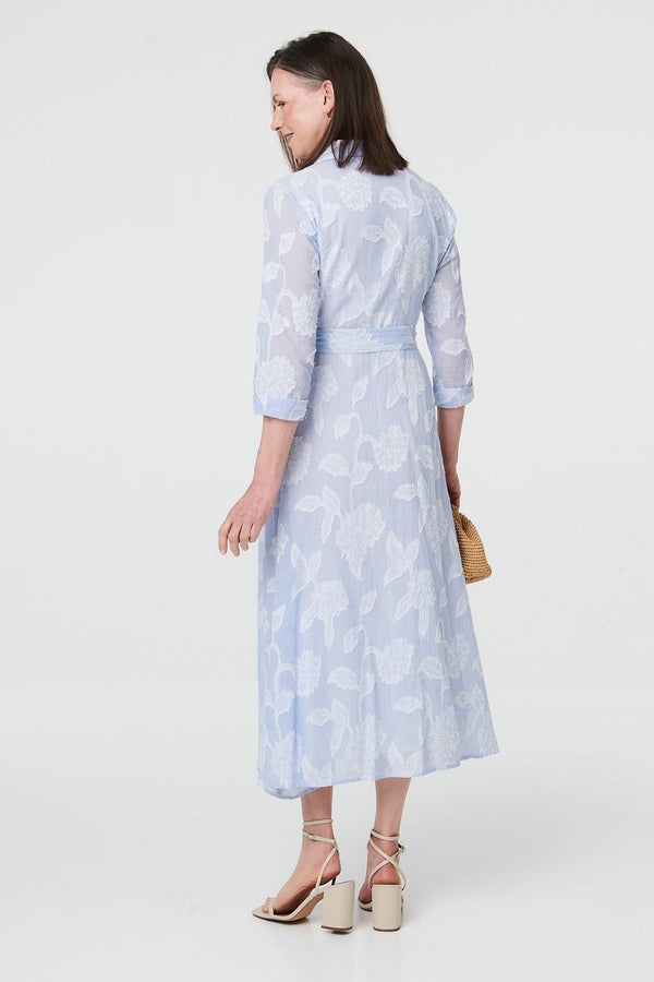 Blue | Floral Textured 3/4 Sleeve Midi Dress