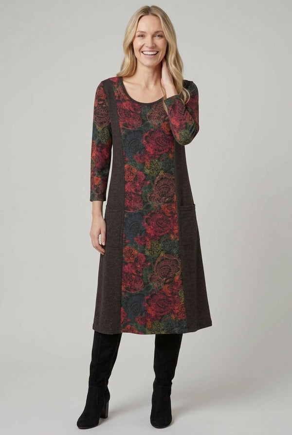 Black | Floral 3/4 Sleeve A-Line Midi Dress