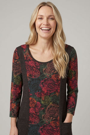 Black | Floral 3/4 Sleeve A-Line Midi Dress