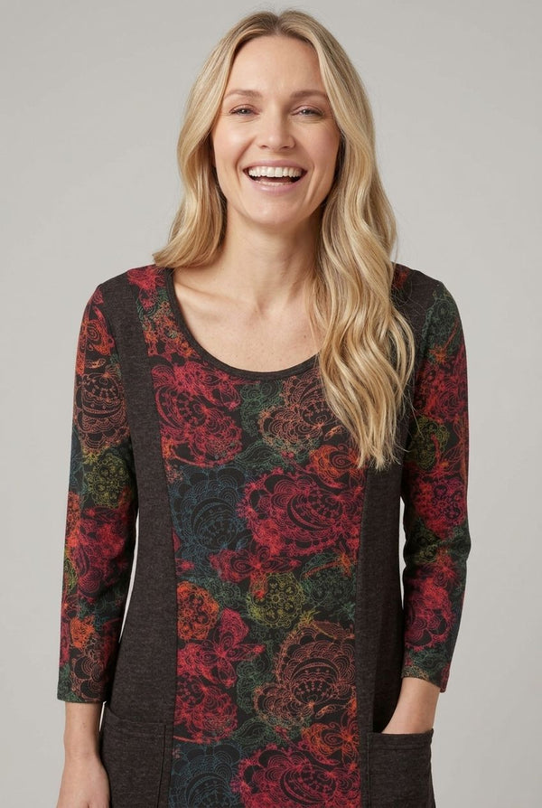 Black | Floral 3/4 Sleeve A-Line Midi Dress