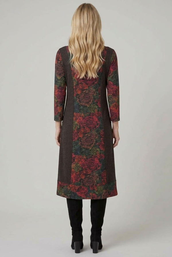 Black | Floral 3/4 Sleeve A-Line Midi Dress