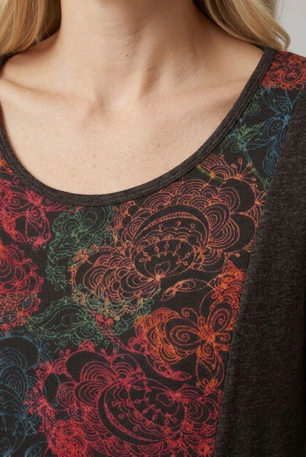Black | Floral 3/4 Sleeve A-Line Midi Dress