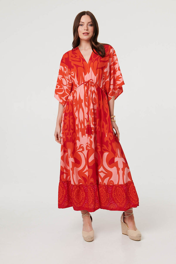 Red | Abstract 3/4 Sleeve Relaxed Maxi Dress