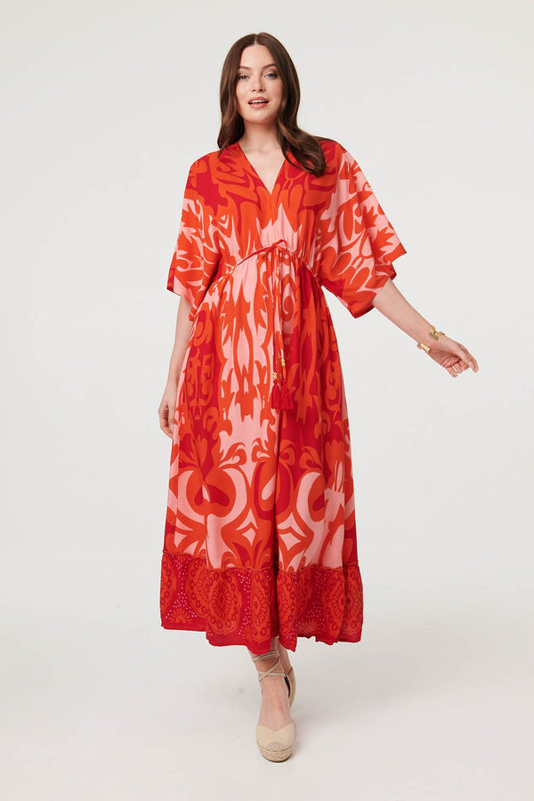 Red | Abstract 3/4 Sleeve Relaxed Maxi Dress