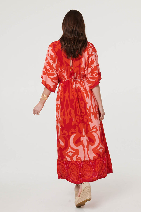 Red | Abstract 3/4 Sleeve Relaxed Maxi Dress