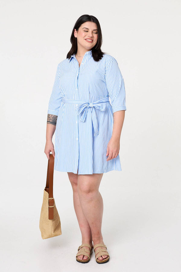 Light Blue | Curve Striped Knee Length Shirt Dress