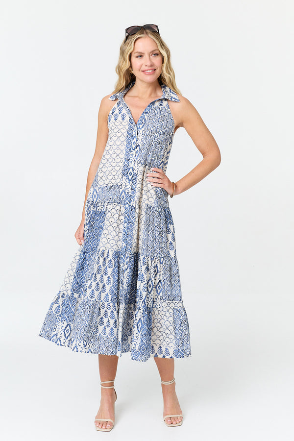 Blue | Printed Sleeveless Shirt Midi Dress