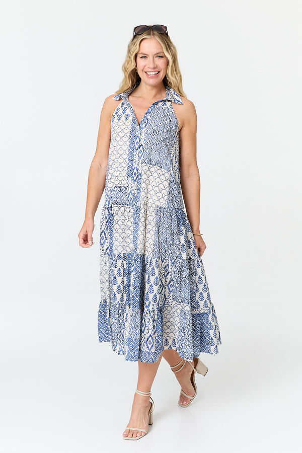 Blue | Printed Sleeveless Shirt Midi Dress