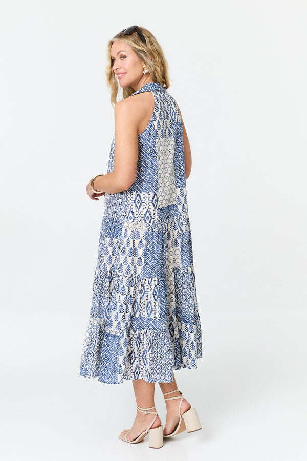 Blue | Printed Sleeveless Shirt Midi Dress