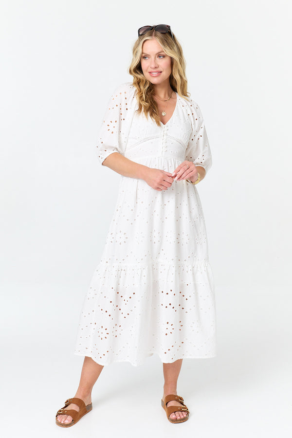 White | Broderie Anglaise 1/2 Sleeve Midi Dress