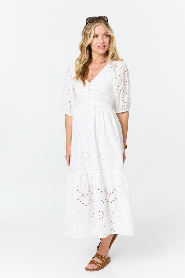 White | Broderie Anglaise 1/2 Sleeve Midi Dress