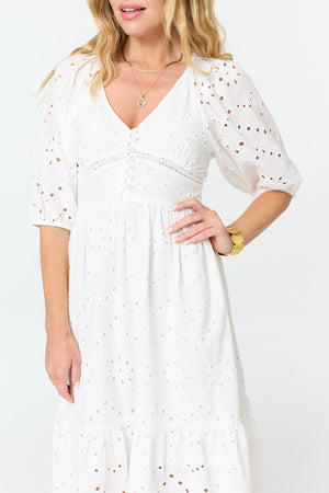 White | Broderie Anglaise 1/2 Sleeve Midi Dress