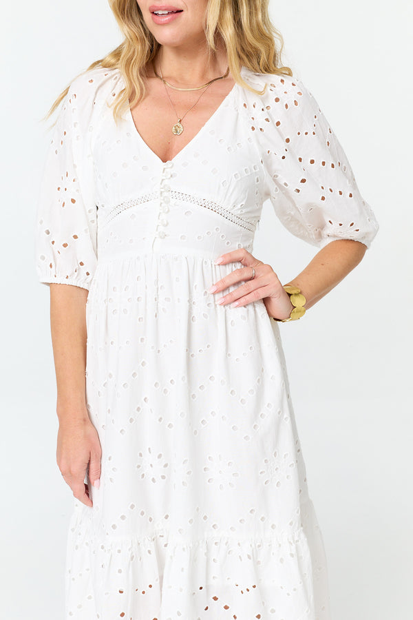 White | Broderie Anglaise 1/2 Sleeve Midi Dress
