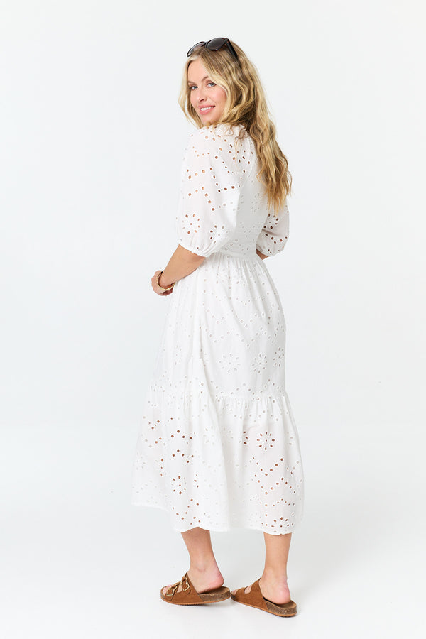 White | Broderie Anglaise 1/2 Sleeve Midi Dress