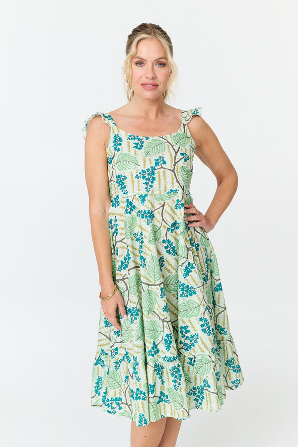 Green | Leaf Print Frilled Strap Midi Dress