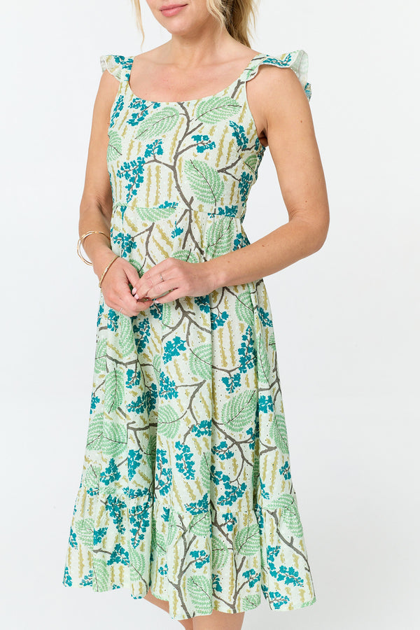 Green | Leaf Print Frilled Strap Midi Dress