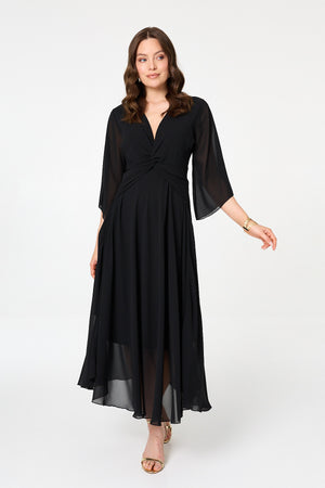 Black | Twist Front Layer 3/4 Sleeve Maxi Dress
