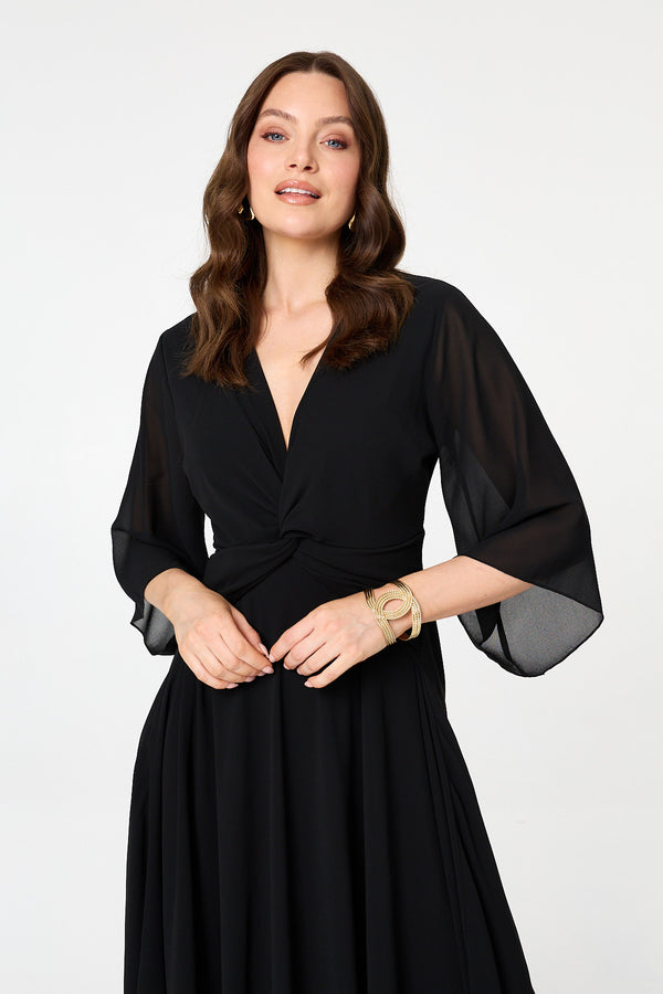 Black | Twist Front Layer 3/4 Sleeve Maxi Dress