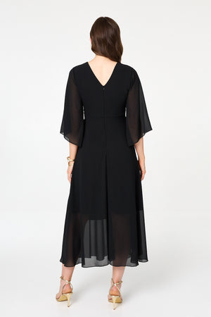 Black | Twist Front Layer 3/4 Sleeve Maxi Dress
