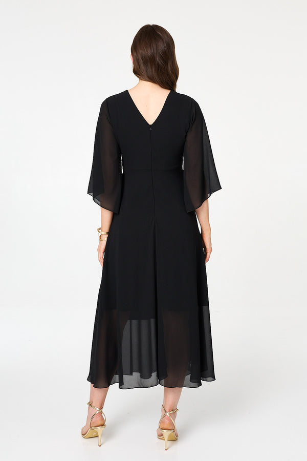 Black | Twist Front Layer 3/4 Sleeve Maxi Dress