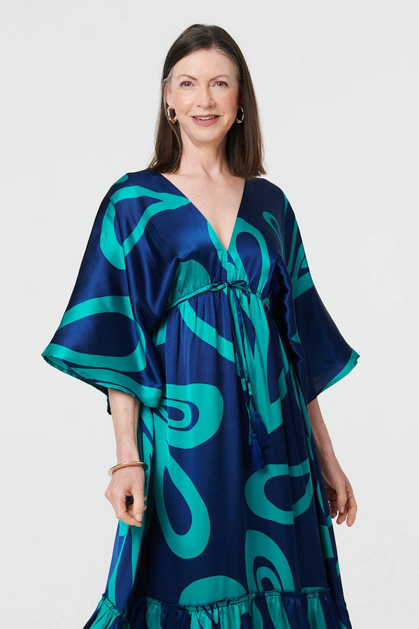 Blue | Abstract Relaxed 3/4 Sleeve Maxi Dress