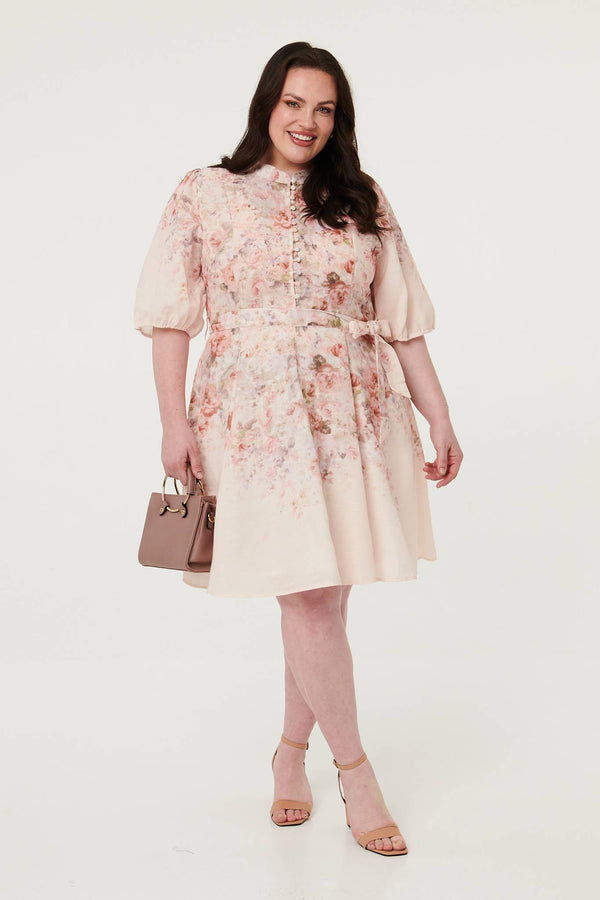 Cream | Curve Floral Tie Waist Knee Length Dress
