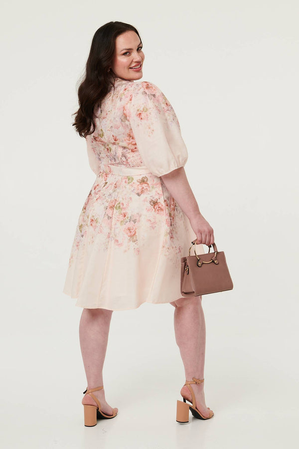 Cream | Curve Floral Tie Waist Knee Length Dress
