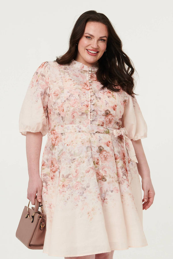 Cream | Curve Floral Tie Waist Knee Length Dress
