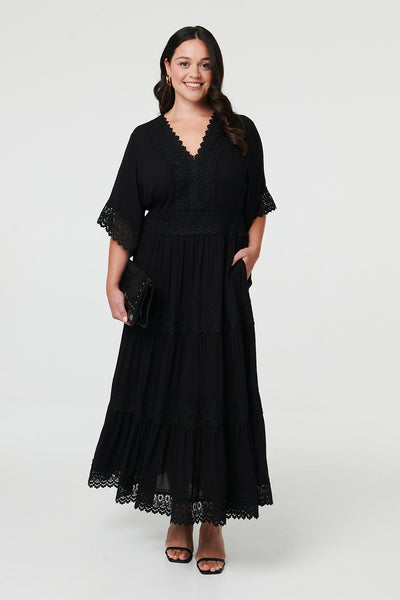 Black | Curve Tiered Lace Trim Maxi Dress

