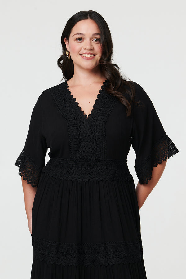 Black | Curve Tiered Lace Trim Maxi Black | Curve Tiered Lace Trim Maxi Dress

