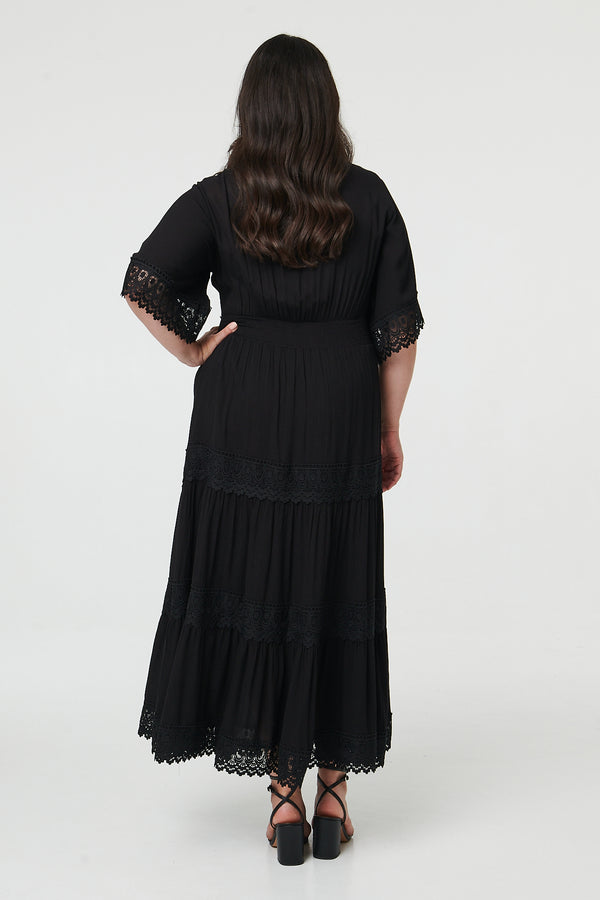Black | Curve Tiered Lace Trim Maxi Dress
