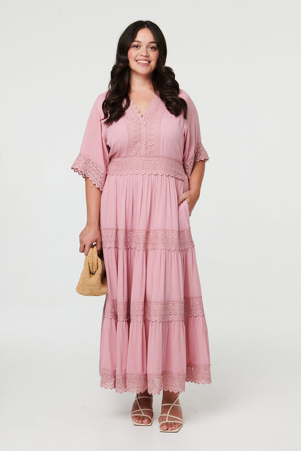 Pink | Curve Tiered Lace Trim Maxi Dress
