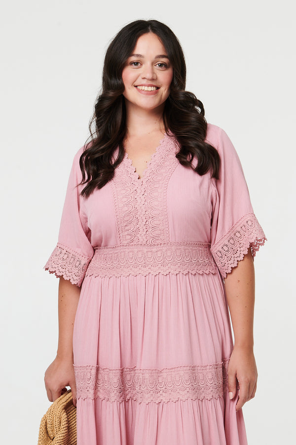 Pink | Curve Tiered Lace Trim Maxi Dress
