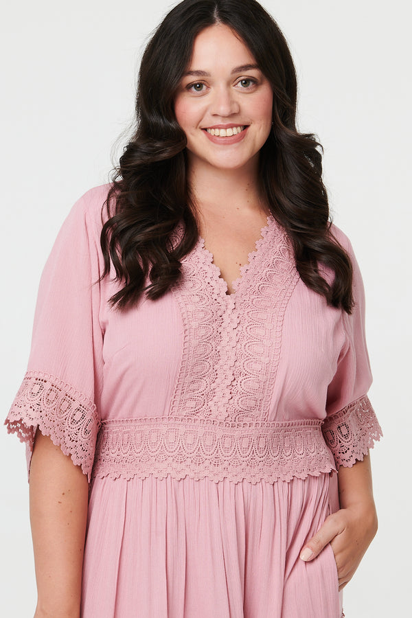 Pink | Curve Tiered Lace Trim Maxi Dress
