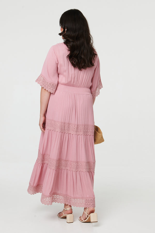Pink | Curve Tiered Lace Trim Maxi Dress
