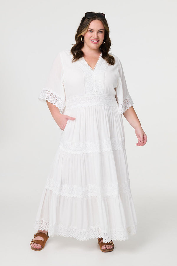 White | Curve Tiered Lace Trim Maxi Dress
