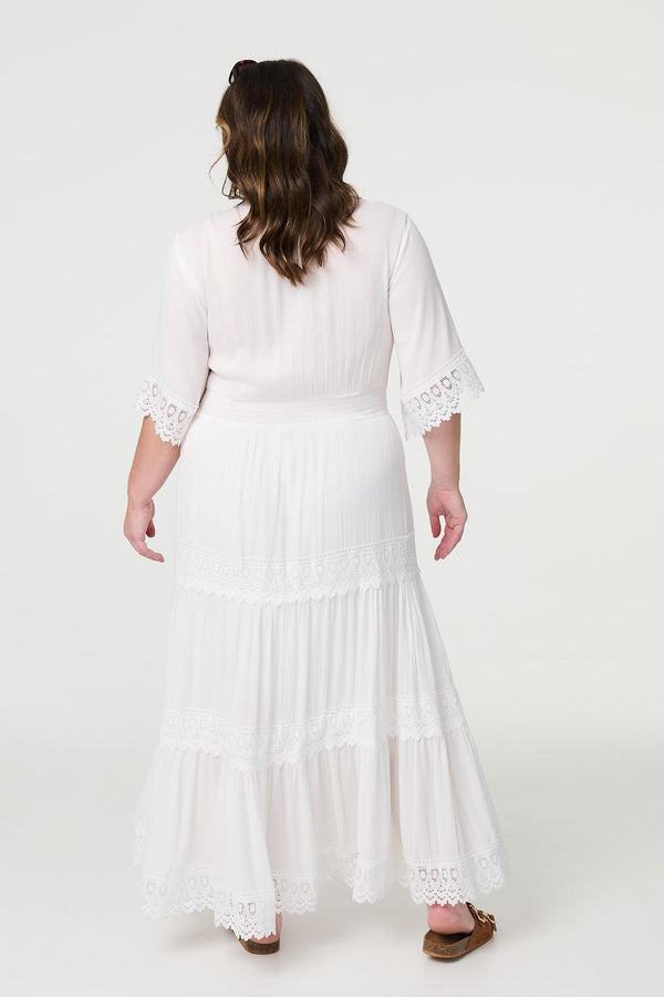 White | Curve Tiered Lace Trim Maxi Dress
