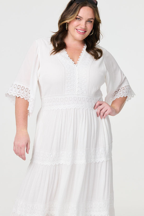 White | Curve Tiered Lace Trim Maxi Dress
