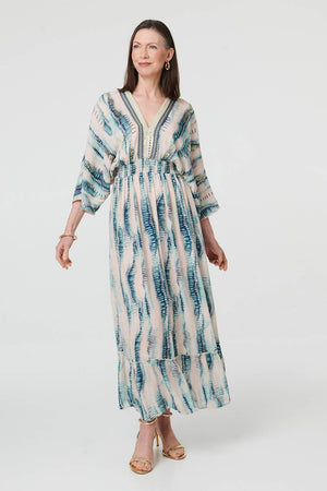 Blue | Printed 3/4 Sleeve Empire Maxi Dress